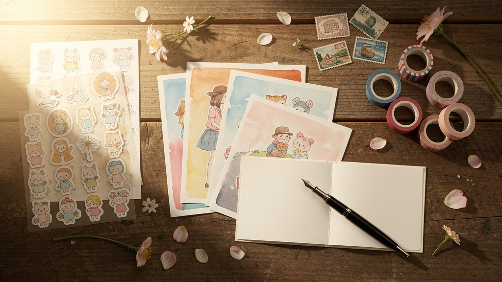 Colorful art supplies and mail on a wooden desk